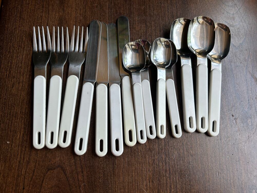 14 Vintage MCM flatware Scandia pattern by MIC white plastic handle